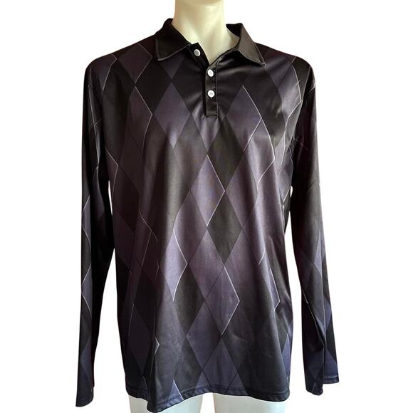 Mens Shirt Size XL Black Argyle Golf Work Collared Long Sleeve Lightweight Polo - Picture 1 of 5
